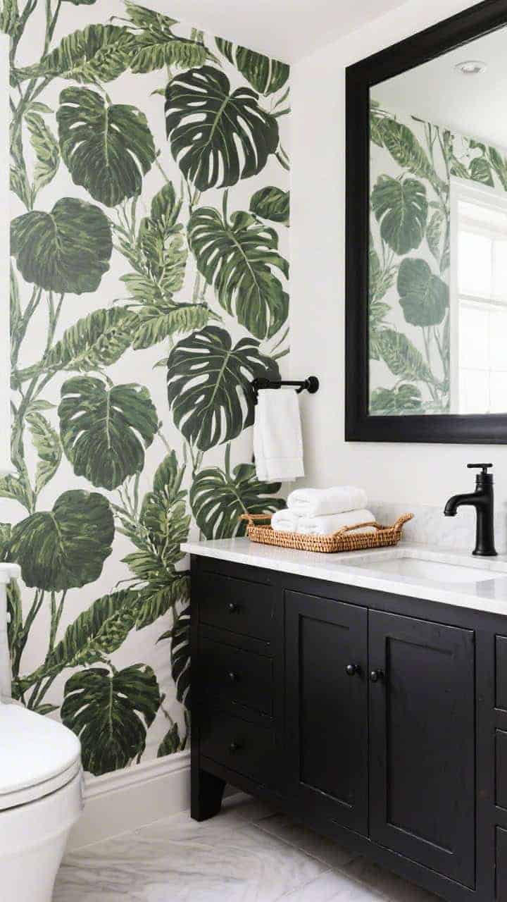 Corner angle medium shot, bold botanical bathroom: a large-scale leafy wallpaper feature wall paired with a matte black-painted vanity and black-framed mirror; consistent black metals for faucet and towel bar; crisp white towels folded for brightness; cane or rattan tray on the counter to warm the look; balanced contrast under bright, even lighting.
