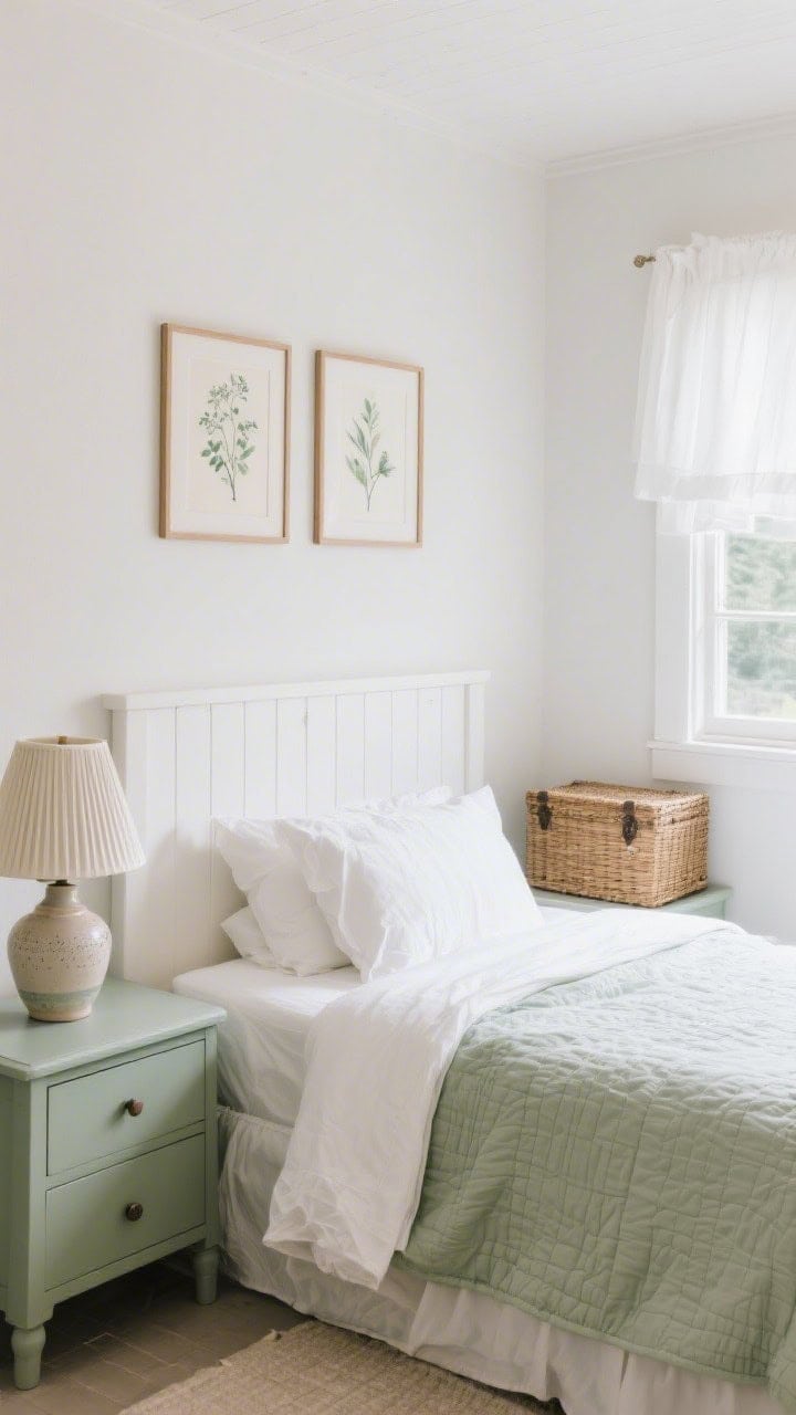 Cozy corner, medium shot, coastal cottage with clean lines: soft white panel headboard; Shaker-style nightstands in matte sage; white bedding with a light sage quilt folded at the foot; two delicate botanical prints in thin wood frames above; white cafe curtains at the window; woven basket trunk and a small ceramic lamp with a pleated shade; tidy, welcoming charm in gentle daylight.