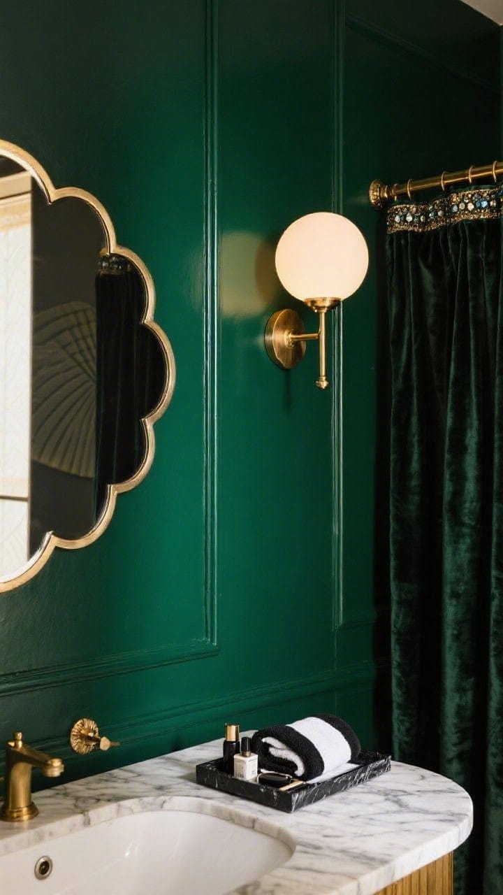 Detail closeup, Art Deco jewel box: deep emerald painted wall as backdrop, scalloped fan-shaped mirror with brass hardware nearby; globe vanity light reflected in mirror; marble-look tray with neatly arranged items, black-and-white hand towel folded; velvet-touch shower curtain edge visible; moody, glossy finish under warm focused light.