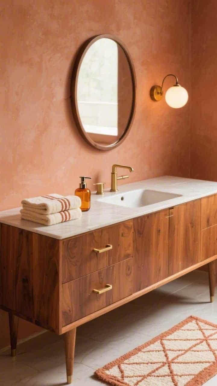 Detail closeup from sink area, mid-century warmth: soft terracotta wall backdrop, rounded wood mirror, warm wood vanity with brass pulls; geometric bath mat edge visible, cream towels with thin rust stripes folded on the counter; single globe sconce casting warm light; vintage-style amber soap pump as the hero object; cozy retro tone.