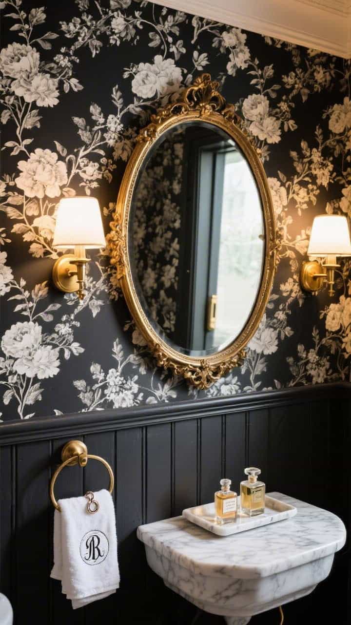 Detail closeup, Parisian powder room: black-and-cream toile floral peel-and-stick wallpaper above a painted chair rail with moody charcoal below; an antique gold-framed oval mirror reflects brass plug-in sconces; petite marble-look tray holding classic perfume bottles; monogrammed hand towel on a ring nearby; warm, romantic lighting.