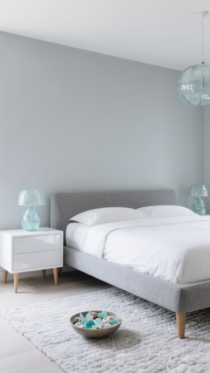 Medium detail shot on pebble gray and ocean glass: walls in barely-there pebble gray; gray upholstered bed with tapered wood legs; lacquered white nightstands reflecting light; sea-glass-inspired lamps or frosted glass pendant; pale gray flatweave rug; a single bowl of collected sea-glass-like pieces adding soft aqua and seafoam accents; tranquil, reflective mood.