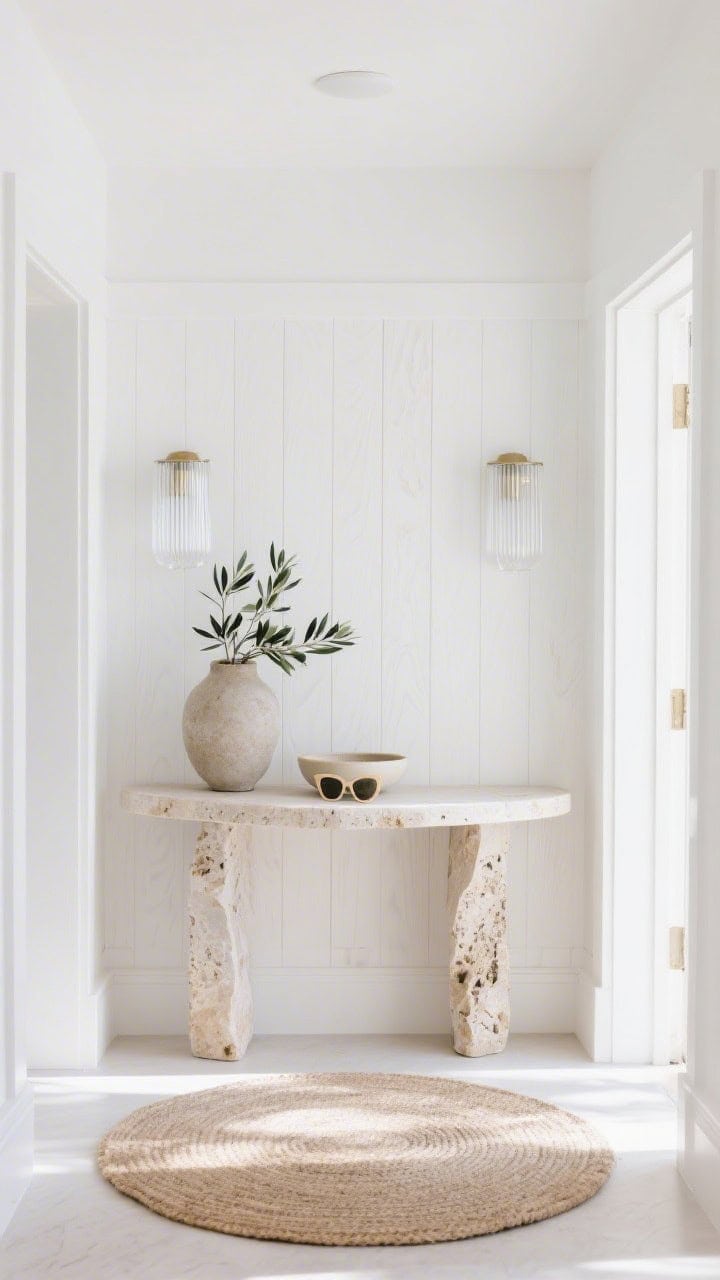 Coastal entryway with bleached ash paneling and travertine console.