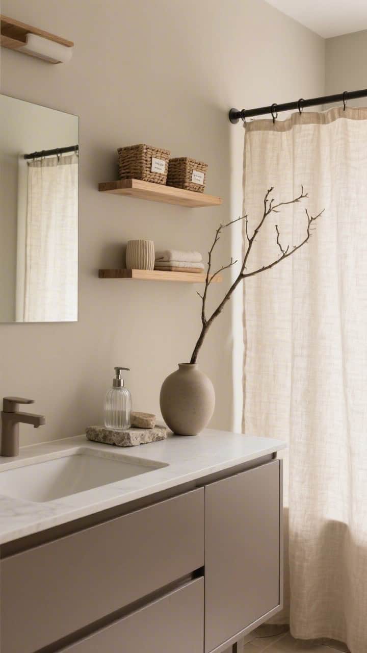 Medium shot, Japandi-inspired calm: warm greige walls, flat-front vanity painted mushroom taupe, light wood floating shelves with neatly labeled baskets; ribbed glass soap dispenser and stone-look accessories on the vanity; linen shower curtain in oatmeal tone; single branch in a matte ceramic vase as a focal accent; soft natural side light emphasizing textures.