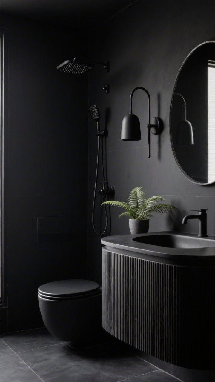 Medium shot: Matte black monochrome bathroom with matte black walls and a black slab shower featuring a linear drain; a curved, rounded-edge mirror softens the scene; curved vessel sink and oval toilet silhouette; arc-shaped black sconces with matte finish; subtle ribbed/fluted texture on the vanity front; a single lush fern in a charcoal pot; all finishes matte, no gloss; dramatic yet calm lighting, photorealistic.