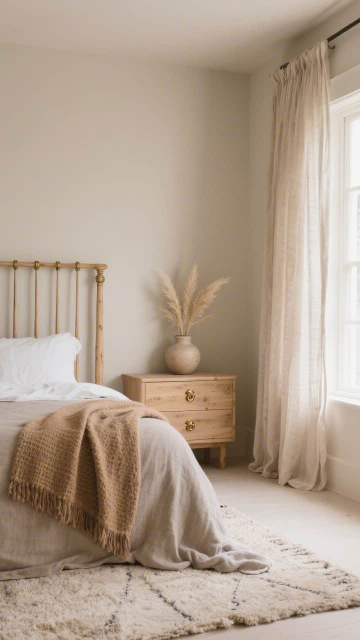Medium shot of a sand-toned bedroom corner: light oak spindle bed dressed in warm stone-colored linen with a camel textured throw; matching slim dressers with antique brass pulls; sheer flax curtains catching soft daylight; a pale nubby wool rug underfoot; a ceramic vessel with pampas grass on a dresser; palette of sand, oatmeal, and taupe, muted and calm.