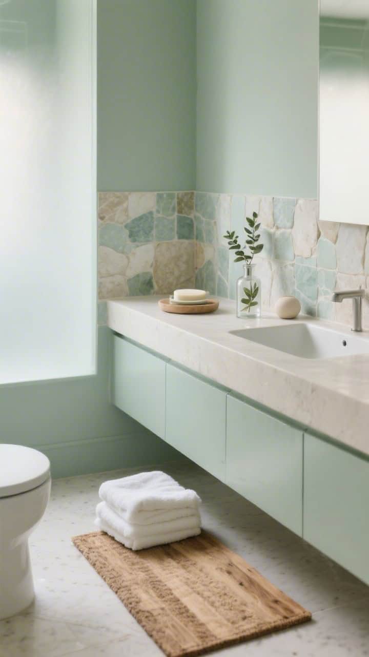 Medium shot, serene spa bathroom with soft sea-glass green walls and a stone-look peel-and-stick backsplash behind the sink; teak bath mat on the floor, fluffy white towels neatly folded, clear glass soap dispenser filled with eucalyptus soap on the counter; rounded-edge accessories, clutter hidden; gentle diffused daylight for a calm, misty mood; accents in ivory and sand.