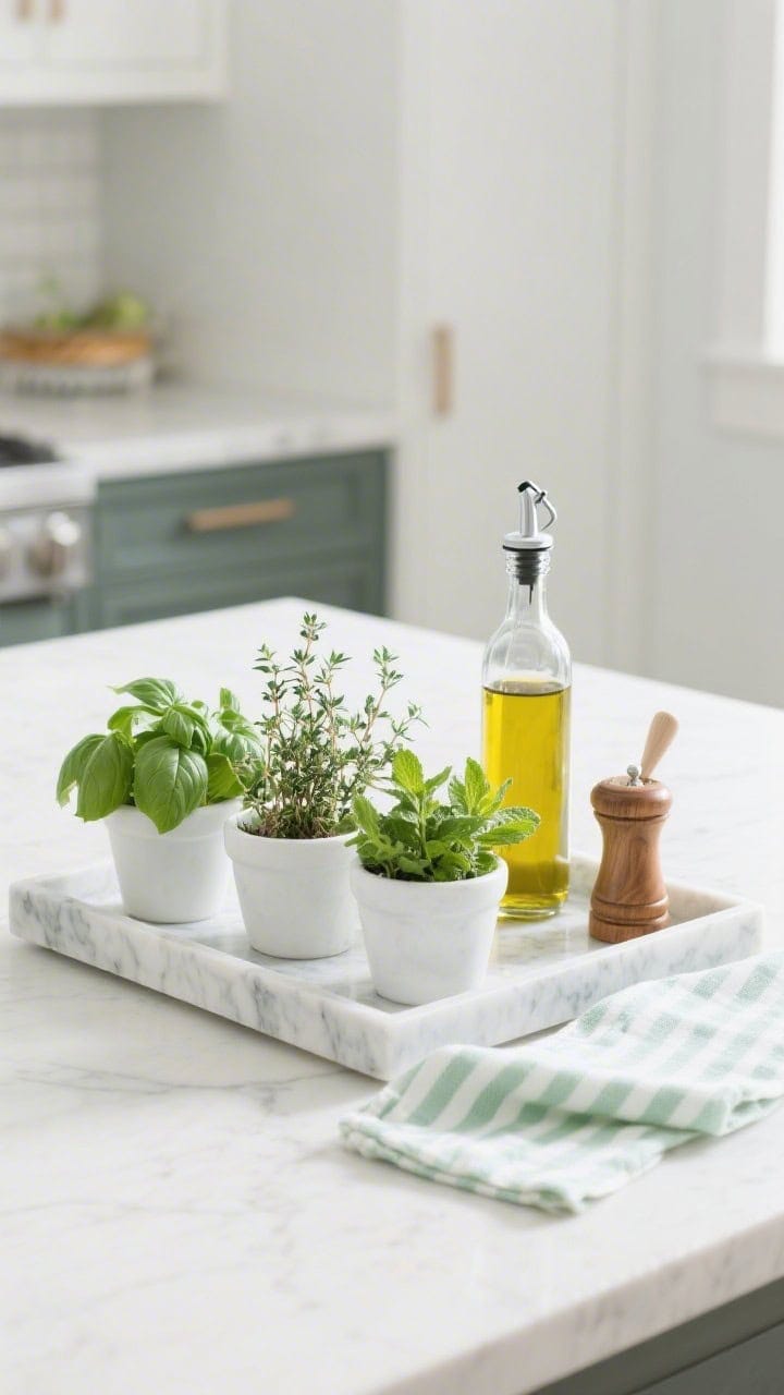 Medium, straight-on kitchen counter catchall: a rectangular marble tray grouping three potted herbs—basil, thyme, and mint—alongside a clear glass olive oil cruet and a wooden salt cellar with a tiny scoop; a soft green-and-white striped tea towel partially under the tray; bright, functional, fragrant, spring-fresh light.