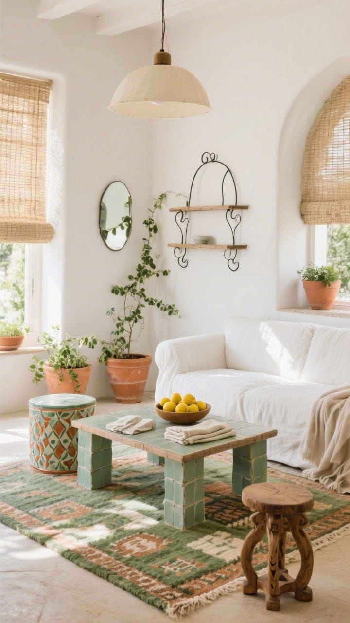 Medium-wide shot, Breezy Mediterranean Light: chalky white slipcovered sofa, ceramic-tiled side tables in soft sage and terracotta patterns, curvy iron accents in a light fixture and small étagère. Hand-loomed kilim rug in eucalyptus green and clay underfoot. Coffee table styled with a bowl of lemons and folded linen napkins. Terracotta pots with trailing ivy, arched mirror reflecting light, carved wood stool, gauzy throws draped casually. Palette of chalk white, terracotta, olive, and sun-baked beige. Woven shades softly filtering afternoon sun, photorealistic, slightly off-center angle.