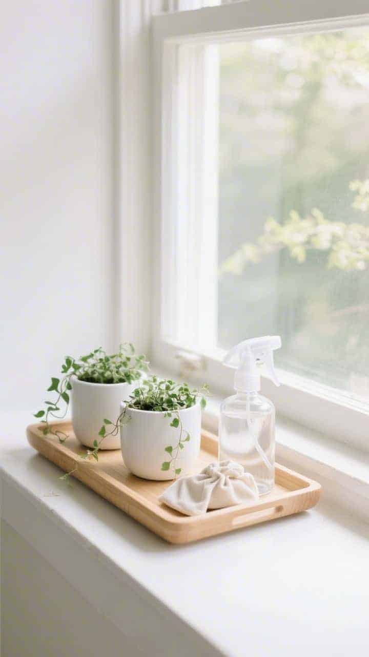 Medium, windowsill perspective with backlighting: a blond wood tray on a bright sill, featuring two matte white planters with baby’s tears and ivy, a clear glass plant mister catching light, and a pale linen sachet; clean lines, soft textures, abundant natural light for a minimalist spring feel.