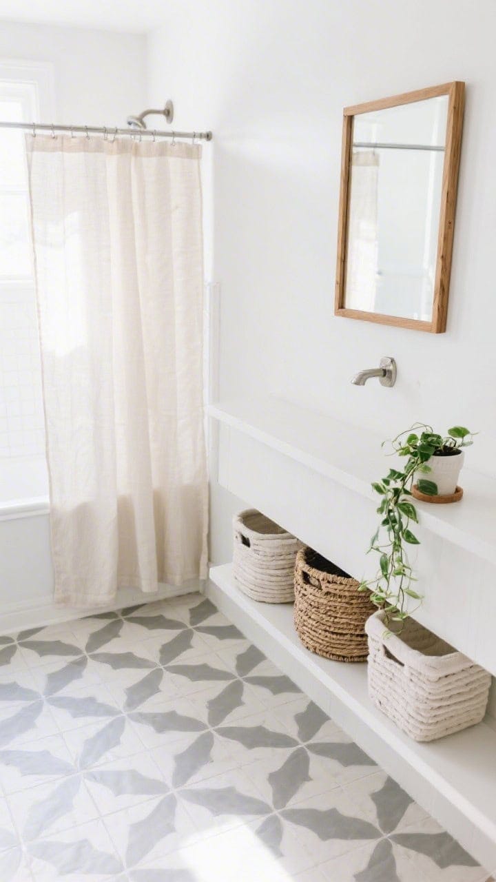 Overhead detail shot, Scandinavian light and airy: soft white walls, gray-and-white patterned peel-and-stick floor tile forming a playful geometric pattern; simple pine-framed mirror glimpsed at edge, brushed nickel hardware; airy open shelves with stackable baskets, cotton-linen shower curtain in pale neutral; tiny potted pothos trailing from a shelf; bright natural light.