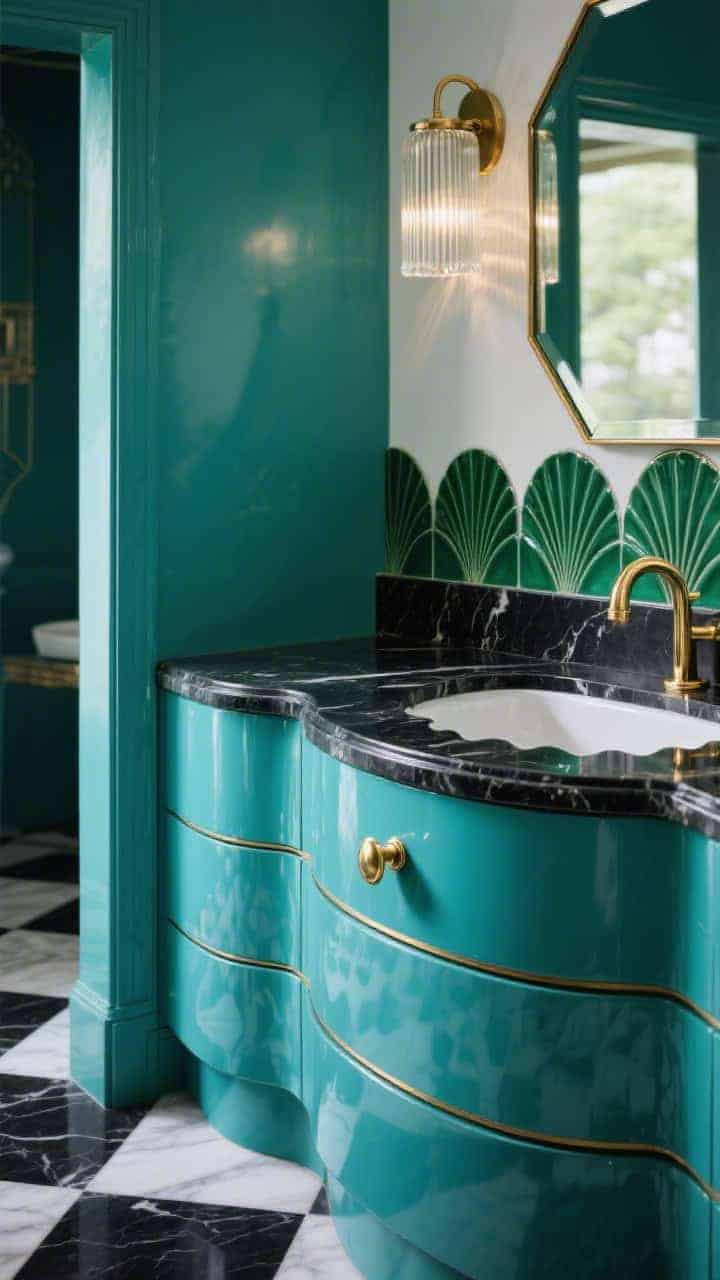 Photorealistic closeup detail shot capturing Art Deco glamour: glossy teal cabinet corner with rounded edges and stepped profiles, half-moon brass pulls gleaming; slim black marble countertop with a scalloped-edge undermount sink; background blur shows glossy emerald fan-shaped tiles rising halfway up wall; edge of an octagonal mirror and ribbed glass sconce hinting at 1920s vibe; black-and-white checkerboard marble floor peeking in; palette of teal, emerald, brass, black marble.