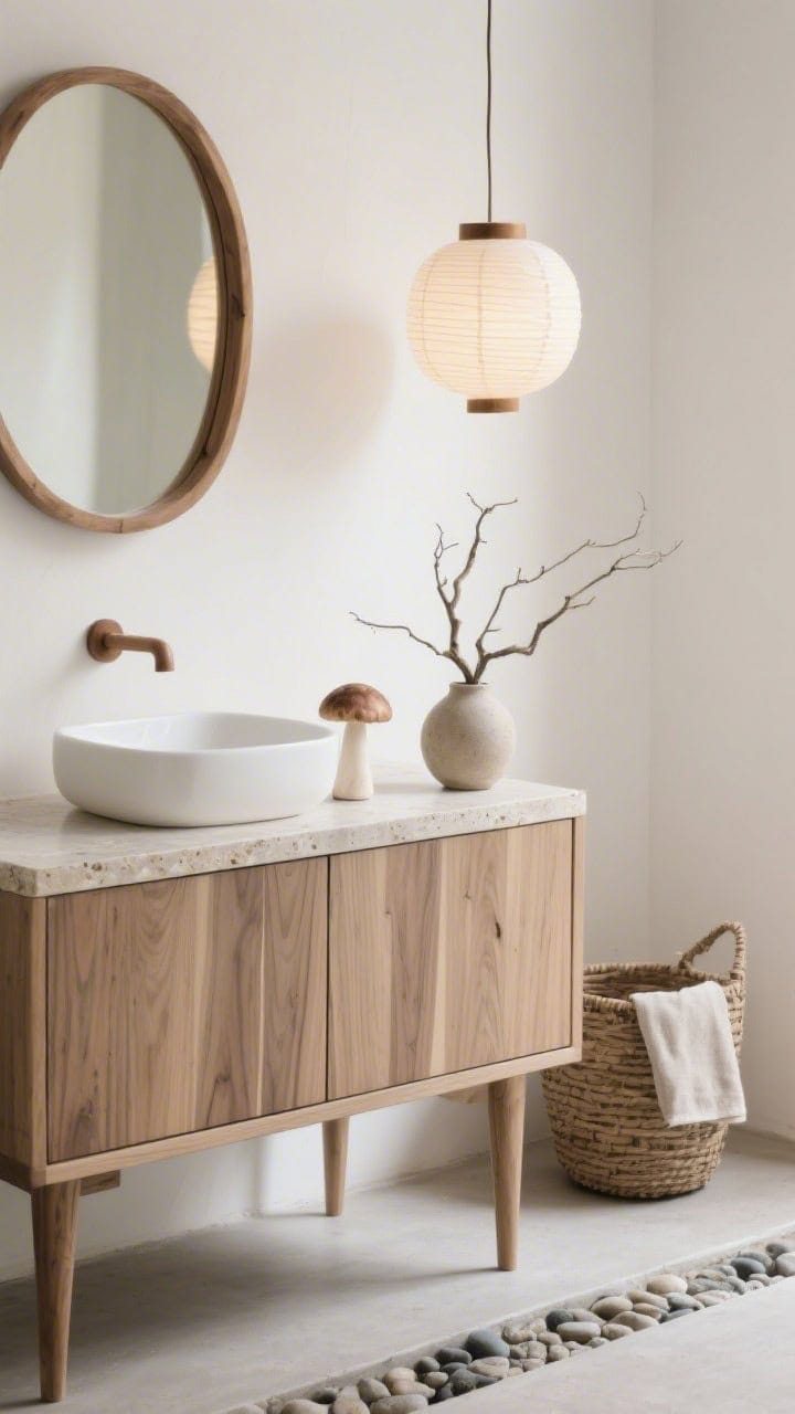 Photorealistic closeup detail shot focusing on Japandi textures: rift-cut ash vanity front with seamless slab doors on tapered legs, topped with a honed limestone counter and sleek white vessel sink; small mushroom-shaped wood knob visible; warm white wall behind with an oval wood-framed mirror softly blurred; a single paper lantern pendant providing ambient glow; pebble-toned microcement floor edge and a woven basket with linen towel partially in frame; one sculptural branch in a ceramic vase nearby; palette of warm white, ash wood, putty, soft taupe.