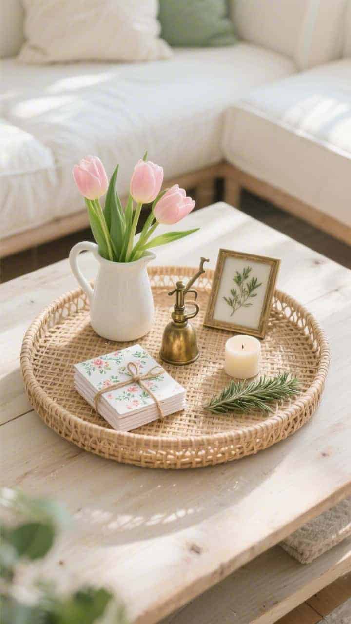 Photorealistic closeup, overhead angle: a round woven rattan tray on a light wood coffee table, styled with a petite white ceramic pitcher filled with fresh blush tulips, a small stack of floral-patterned notecards tied with twine, a vintage brass garden mister catching soft morning light, a tiny pressed-flower frame, and a rosemary or sage herb candle. Palette of cream, soft green, blush, and natural rattan textures; airy cottage mood, no people.