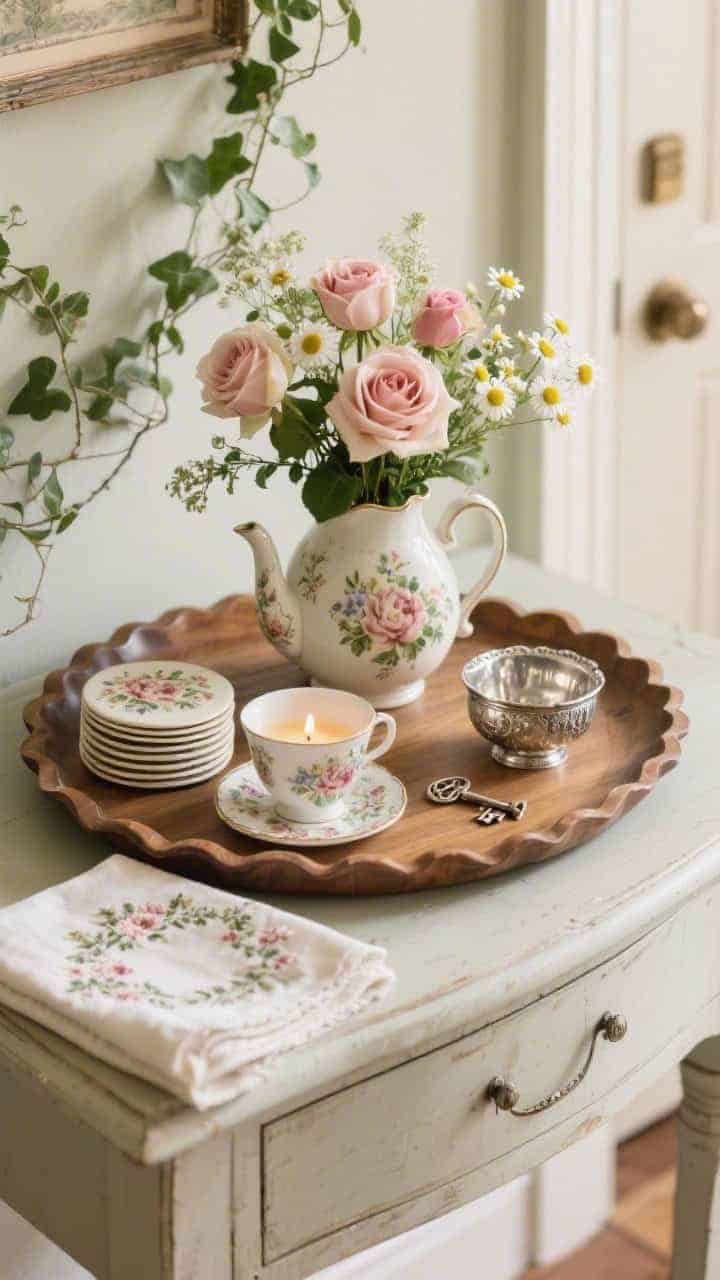 Photorealistic closeup, straight-on: a scalloped-edge wooden tray on an entry table, featuring a vintage floral teapot repurposed as a vase holding garden roses, chamomile, and trailing ivy. Include a neat stack of floral coasters, a teacup candle, a small silver key bowl, and a folded embroidered linen peeking from beneath as a soft layer. Warm, welcoming light; palette of ivory, sage, rose, and antique silver; old-world charm.