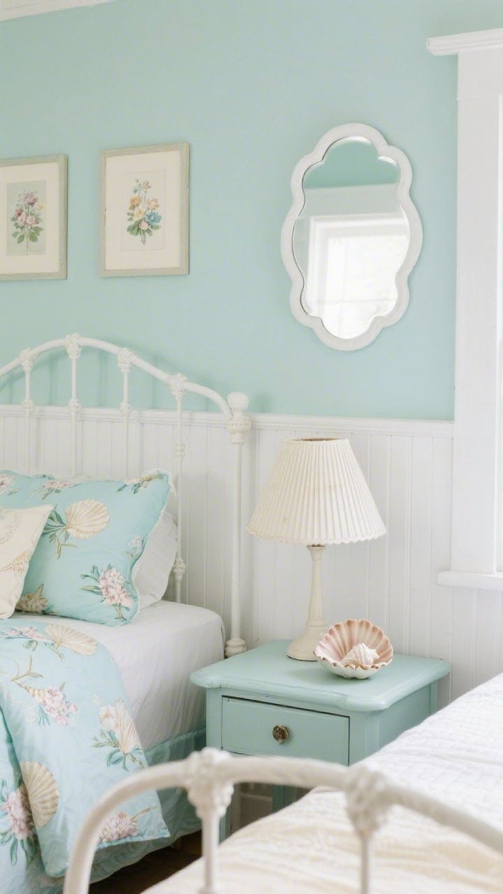Photorealistic closeup vignette of soft seafoam cottage charm: seafoam-painted wall with bright white beadboard half-wall, curved white iron bedrail in foreground, floral/seashell-print bedding in pale aqua and cream, tiny painted nightstand with a pleated lampshade and ceramic seashell dish on top, scalloped-edge mirror catching light, small floral art prints; gentle diffused daylight emphasizing nostalgic cottage details; colors seafoam, white, cream