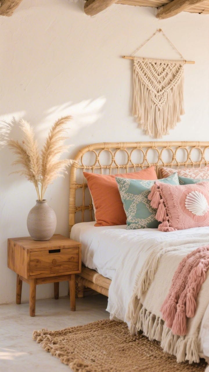 Photorealistic detail closeup from a breezy boho beach bungalow bed: rattan or cane headboard against off-white walls with a sandy beige accent headboard wall, layered mix of patterned pillows in soft terracotta, dusty teal, and shell pink, chunky-tasseled throws, woven jute-and-cotton rug edge visible, macrame wall hanging soft-focused in background, pampas grass in a matte ceramic vase on a tiny mango-wood nightstand; warm late-afternoon glow emphasizing artisan textures (rattan, cane, cotton slub, fringe)