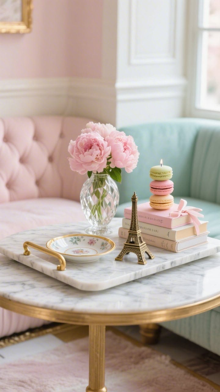 Photorealistic detail shot, 3/4 angle: a marble tray atop a tufted ottoman, styled with a petite pink peony bouquet in a faceted glass vase, a gold-rimmed porcelain trinket dish, a stack of petite poetry books with ribbon bookmarks, a playful macaron tower candle (pastel shades), and a small brass Eiffel paperweight. Romantic Parisian café mood; blush, mint, cream, antique gold; gentle window light glinting off marble.