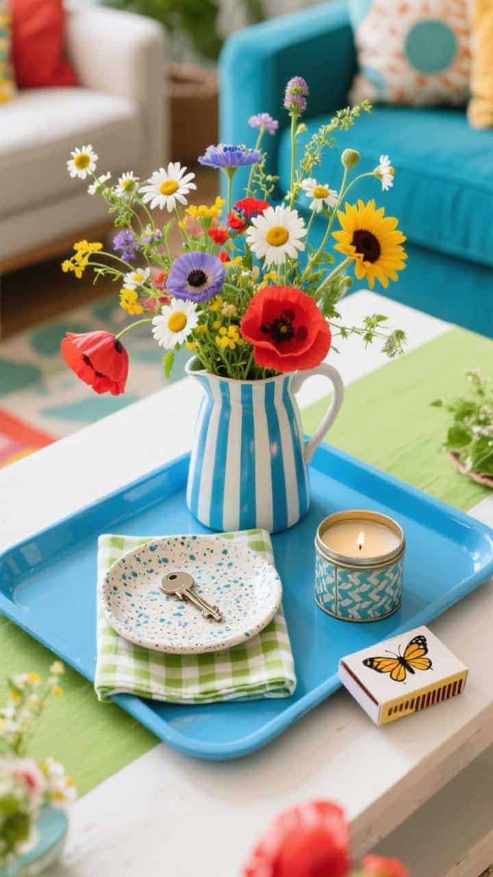 Photorealistic detail shot, top-down: a painted enamel tray in sky blue set on a lively living room table. A striped pitcher bursts with wildflowers—daisies, anemones, poppies—in bright, carefree colors. Layer a gingham napkin beneath a speckled ceramic dish for keys, a hand-poured soy candle in a patterned tin, and a butterfly or bee motif matchbox. Palette of sky blue, sunflower, grass green, cherry red accents; playful spring mood.