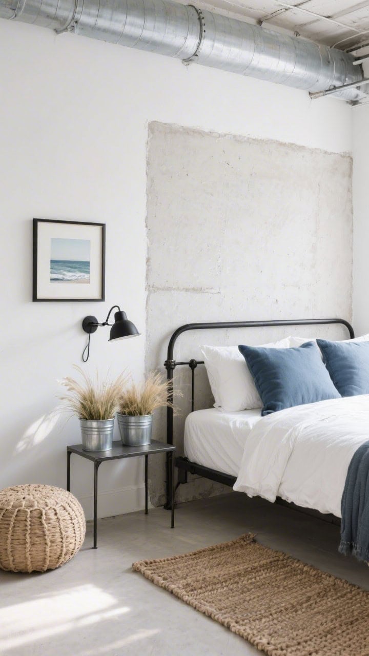 Photorealistic medium corner angle of a coastal industrial loft lite bedroom: white walls with a single cement-look limewash/plaster accent panel, black metal bed with white bedding and slate-blue pillows, skinny metal nightstand with matte black swing-arm sconce above, galvanized planters holding hardy coastal grasses, muted-tone framed seascape, woven runner and a jute pouf softening the look; balanced natural light with subtle industrial shadows; materials metal, plaster, jute, washed linen