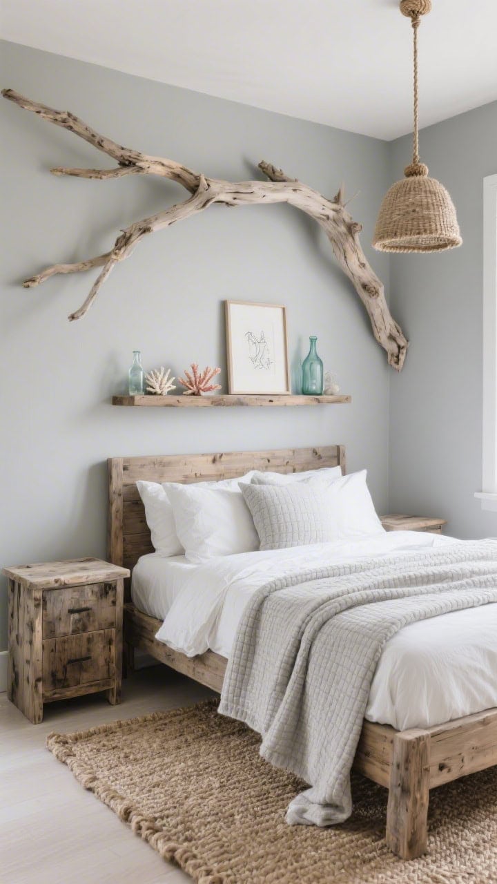 Photorealistic medium corner angle of driftwood chic: pale gray walls, driftwood-toned wood bed with layered white bedding, pale gray waffle blanket folded at foot, weathered wood nightstands, reclaimed wood floating shelf above headboard styled with coral, sea glass bottles, and a tiny framed sketch, rope pendant light overhead, nubby sisal rug underfoot; textures highlighted with soft side lighting; include a large statement driftwood branch mounted on wall