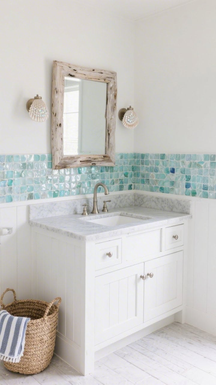 Photorealistic medium corner-angle shot of a coastal bathroom: white Shaker vanity with brushed nickel cup pulls and matching bridge faucet, light gray quartz top; sea-glass blue-green mosaic backsplash shimmering; driftwood-framed mirror slightly weathered; capiz shell sconces on both sides adding subtle sparkle; whitewashed plank-look porcelain flooring; woven seagrass hamper and striped Turkish towels adding beachy texture; palette of white, sea-glass blue, soft gray, sandy beige.