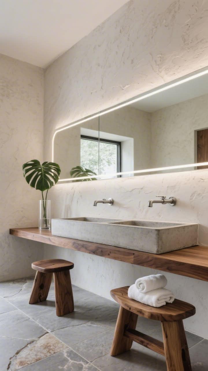 Photorealistic medium, low-angle shot of an organic spa vanity: floating walnut shelf supporting a concrete trough sink with dual wall-mounted brushed stainless taps; full-height textured plaster wall behind catching soft light; a frameless mirror spanning the width with hidden linear LEDs creating a gentle halo; teak stool with rolled white towels; single monstera leaf in a clear cylinder vase; large-format stone-look porcelain flooring; palette of walnut, warm gray concrete, stainless, crisp white.