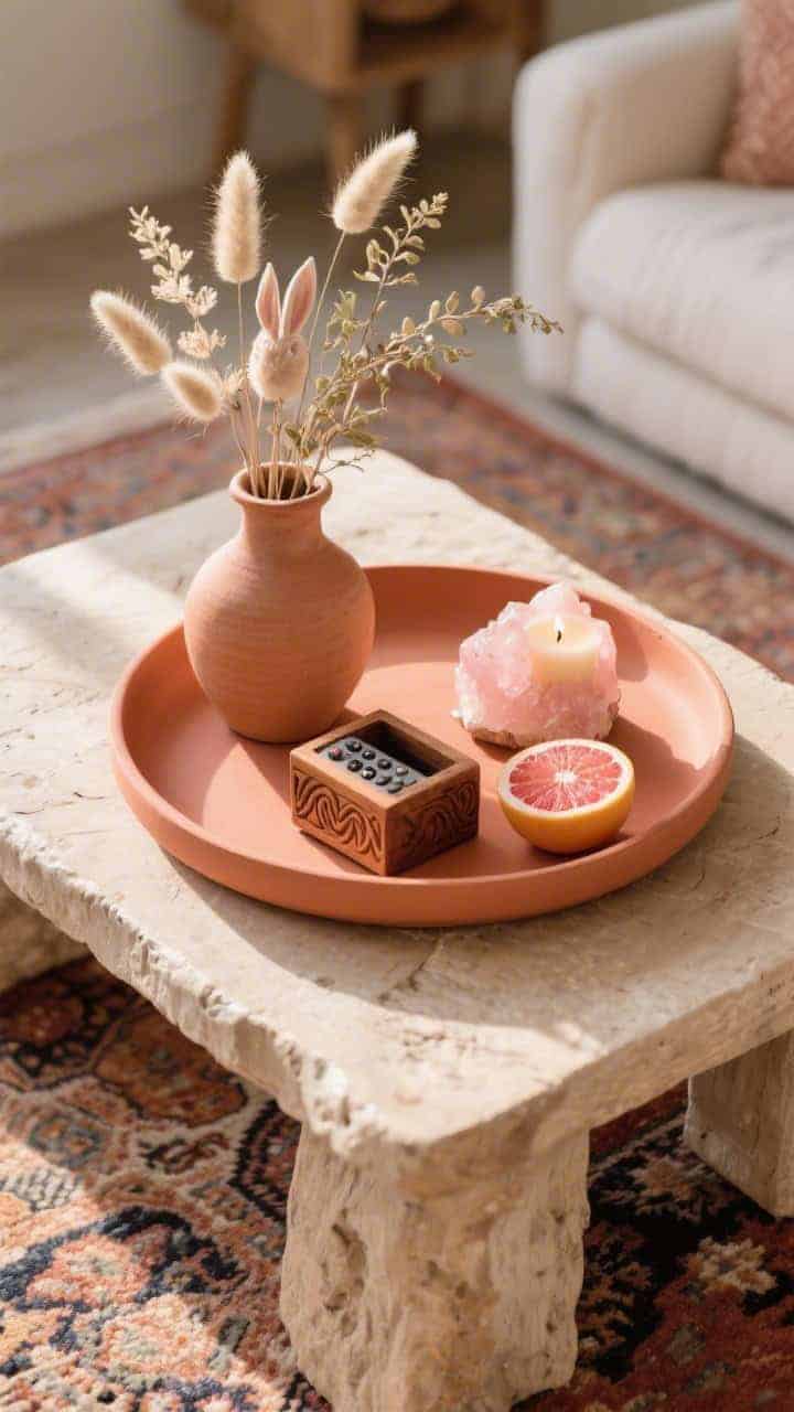 Photorealistic medium shot, low angle: a terracotta tray (matte clay) centered on a chunky coffee table over a vintage rug. In the tray, a hand-thrown ceramic vase with dried bunny tails and bleached ruscus, a carved mango wood box for remotes, a rose quartz cluster catching soft sunrise light, and a grapefruit and sandalwood candle. Palette of terracotta, blush, sand, and soft apricot; boho textures with warm, sunlit glow.