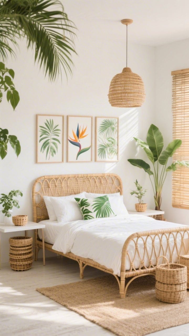 Photorealistic medium shot of tropical coastal with rattan layers: warm white walls, rattan bed with curvy caning, crisp white bedding with a leafy green throw pillow and palm-patterned lumbar, woven pendant overhead, two petite rattan nightstands, floating console with stacked baskets underneath, slim palm or bird-of-paradise in corner for height, bamboo blinds filtering sunlight, sandy-toned rug; lively, plant-forward vibe with bright natural light; botanical art triptych over the bed