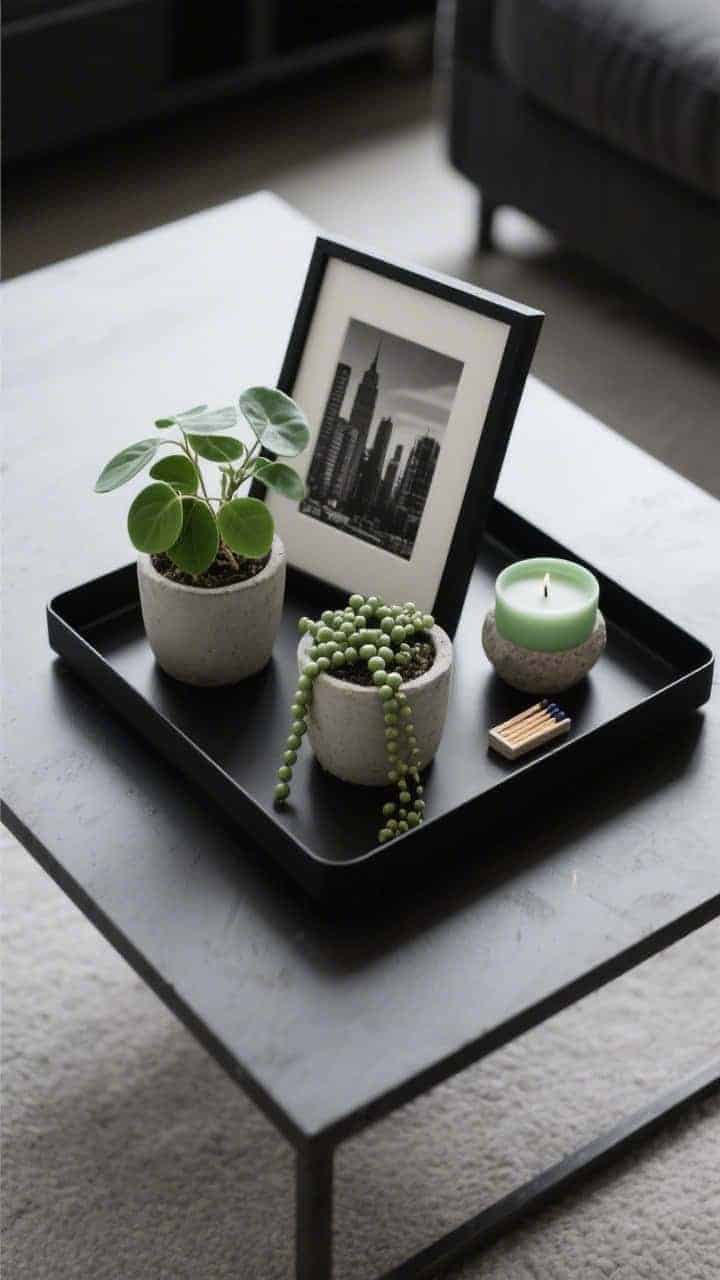 Photorealistic medium shot, overhead/oblique view: a matte black metal tray with low edges on a sleek coffee table. Inside, three mini potted plants—pilea, baby rubber plant, and trailing string of pearls—in raw concrete planters. A thin black frame leaning within the tray with a black-and-white city photo, plus a stoneware match striker and a clean green-scented candle. Palette of black, charcoal, fresh green, and concrete; minimal, crisp lighting.