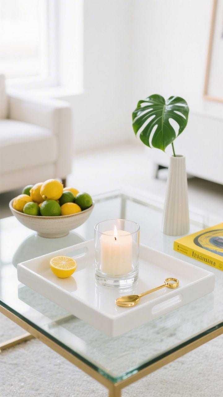Photorealistic medium shot, straight-on: a lacquered white rectangular tray on a glass coffee table in a bright modern room, centered with a clear glass hurricane holding a lit citrus-scented candle. Beside it, a shallow ceramic bowl piled with lemons and limes for bold color pops, a minimalist art book with a striking cover, a glossy gold wick trimmer, and a slim bud vase holding a single monstera leaf. Palette of white, chartreuse, lemon yellow, and gold; crisp, punchy lighting.