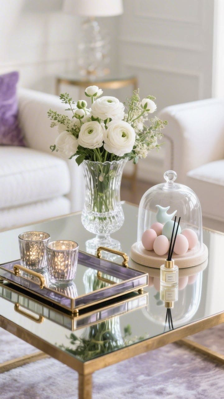 Photorealistic medium shot, straight-on glam: a mirrored or smoked glass tray with brass handles atop a polished coffee table. Center a tall crystal vase overflowing with white ranunculus and soft greenery. Beside it, a voluminous glass cloche covering pastel eggs or a delicate ceramic bird, two mercury glass votives adding shimmer, and a small perfumed diffuser. Palette of ivory, gold, pale lavender, smoky glass; elegant, luminous lighting with reflections.