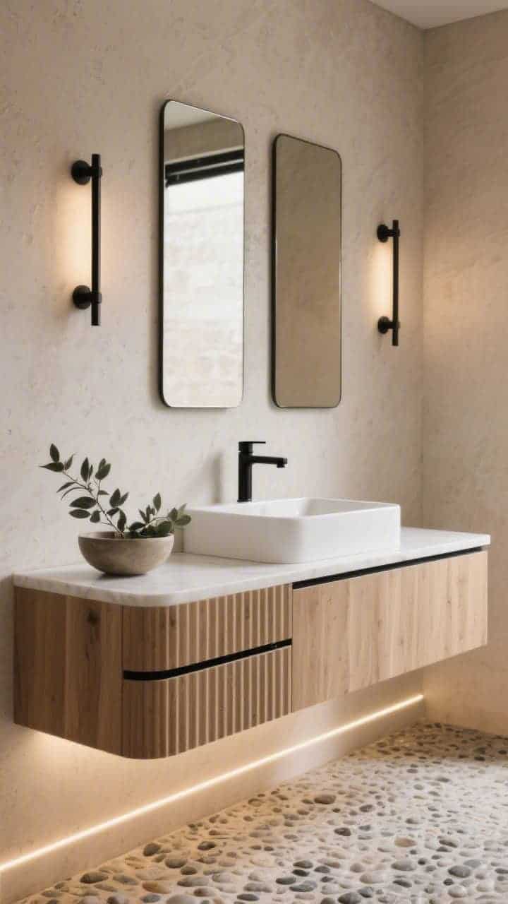Photorealistic medium, straight-on shot of a floating fluted white oak vanity with an integrated white quartz sink, slim matte black linear pulls, and minimal matte black mixer taps; two frameless rectangular mirrors mounted side by side, flanked by slender black sconce tubes casting a modern glow; soft beige microcement wall backdrop; warm LED strip lighting under the floating base washing the pebble-toned floor; low bowl of eucalyptus on the counter; palette of oak, matte black, soft beige, and crisp white.