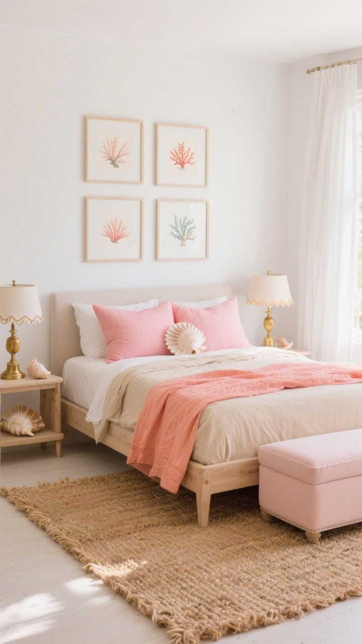Photorealistic medium straight-on vignette of sunwashed coral and shell accents: soft white walls, light wood bed dressed with coral linen duvet, shell-pink pillows, sandy beige sheets peeking, brass-accented bedside lamps with a scalloped-edge lampshade, delicate shell studies/watercolor coral prints in thin frames above, chunky seagrass rug texture in foreground, small pale blush upholstered storage ottoman at bed’s end, airy white curtains; warm, cheerful glow