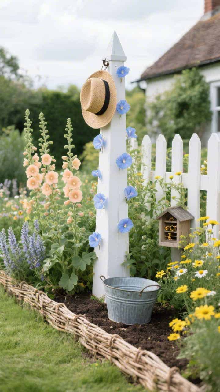 Photorealistic medium-wide border shot, central white wooden picket-style obelisk wrapped with soft blue morning glories; surrounding cottage border brimming with pale apricot hollyhocks, catmint, and butter-yellow daisies; low woven willow edging frames the planting; a straw hat hangs on a small hook on the obelisk, with a galvanized trug resting on rich soil; nearby a small bee hotel is tucked into foliage; fresh green palette with white, blue, apricot, buttery yellow; bright overcast garden light, no people