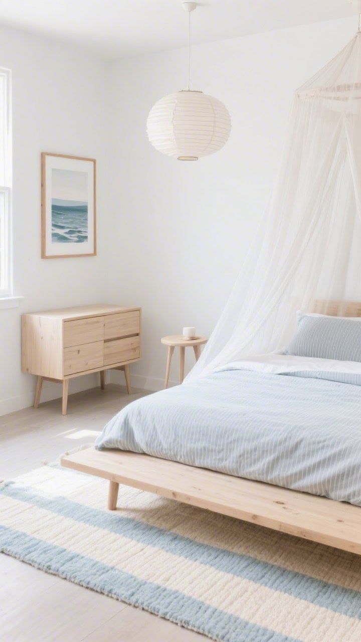 Photorealistic overhead detail shot from the foot of a Coastal Scandi bed: pale ash wood platform bed with pale blue-gray pinstripe duvet neatly draped, lightweight gauze canopy softly falling, slim dresser on tall legs and petite round bedside table in light ash visible at frame edge, single abstract seascape in thin oak frame aligned on white wall, flatweave rug with cream and soft sky-blue bands below; sculptural paper lantern pendant partially in frame; bright, diffuse daylight