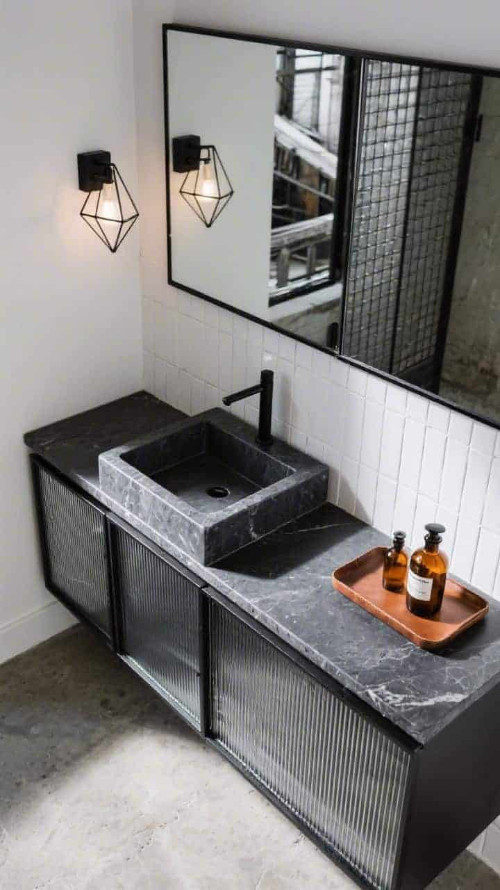 Photorealistic overhead detail shot highlighting urban edge materials: black powder-coated steel vanity frame with reeded glass doors catching light; dark soapstone slab with a square integrated sink; grid-style black mirror edge visible at top of frame; prismatic warehouse sconce reflection in mirror glazing; matte white vertically stacked subway tiles and concrete-look floor textures; leather tray with amber apothecary bottles on the soapstone; palette of black, smoke gray, soapstone, white.