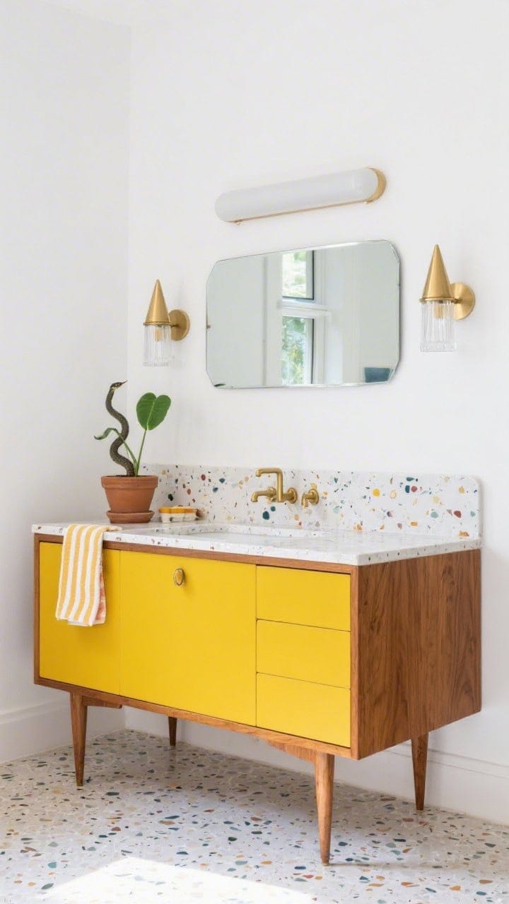Photorealistic straight-on wide shot of a mid-century color-pop scene: flat-front vanity in canary yellow with walnut side panels and tapered legs; chunky white terrazzo countertop with multicolor chips; slim brass finger pulls and brass cone-shaped milk-glass sconces flanking a wide horizontal pill mirror; bright white walls to let the vanity pop; small-scale terrazzo floor echoing the counter; retro planter with a snake plant and striped hand towels adding playful accents; palette of canary, walnut, white, brass.