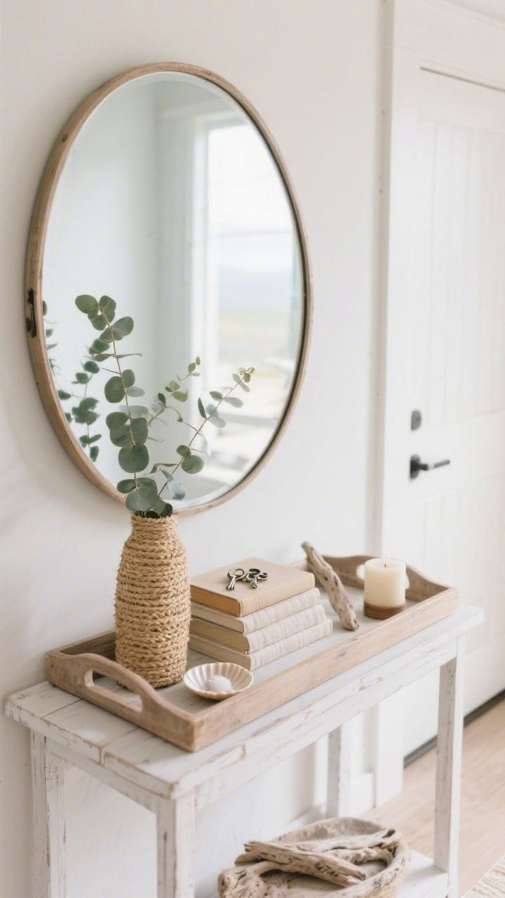 Photorealistic wide entry console scene, angled view: a whitewashed wood tray beneath a round wall mirror. Inside the tray, a tall seagrass-wrapped vase with eucalyptus stems, a stack of linen-bound books in sandy tones, a shallow shell dish for keys, a small piece of driftwood, and a muted sea salt candle. Soft, airy daylight; palette of sand, seafoam, white, and soft gray; coastal, calm textures.
