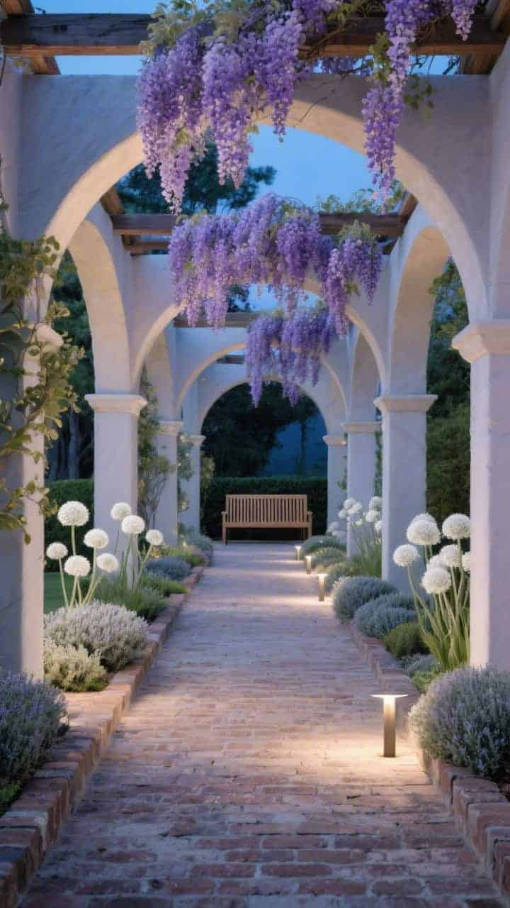 Photorealistic wide, linear perspective shot down a walkway formed by a series of arched pergolas; lavender wisteria cascades like curtains overhead in late spring bloom; path edged with aged brick and soft thyme mounds releasing scent; white alliums punctuate the underplanting; at the far end, a slatted teak bench draws the eye; discreet ground spike lights subtly up-light the arches; color vibe soft lilac, silvery green, warm wood, aged brick; blue-hour glow transitioning to night, no people
