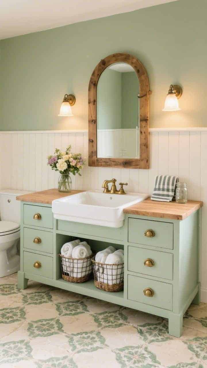 Photorealistic wide shot of a farmhouse-style bath: dresser-style vanity painted soft sage with aged brass bin pulls, white apron-front sink, natural wood top with waxed finish; arched wood mirror above; pair of schoolhouse sconces casting warm light; beadboard half wall painted the same sage; patterned encaustic tile floor in complementary creams and greens; wire baskets below for rolled towels; mason jar florals and striped hand towels completing the vignette; palette of sage, cream, brass, natural wood.