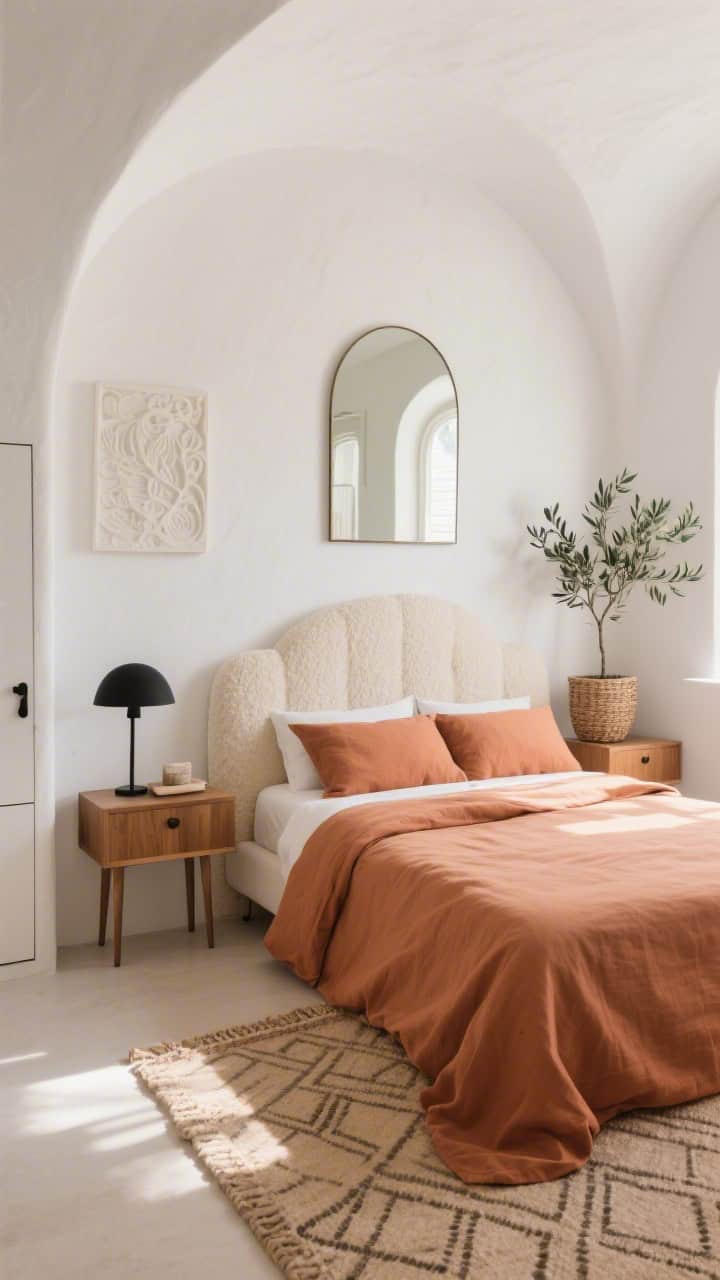 Photorealistic wide shot of a modern Mediterranean small bedroom: sun-baked chalky white walls, curved upholstered headboard in creamy boucle, terracotta-toned linen duvet, warm wood nightstands with slim legs and floating bedside shelves, arched mirror bouncing light, mini olive tree in a woven planter, flatweave rug with subtle geometric pattern, matte black accents on lamp base and cabinet pulls, plaster-look relief wall art; airy natural daylight, calm and sculptural styling
