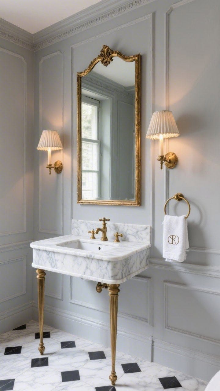 Photorealistic wide shot of a Parisian-style bathroom featuring a marble-topped console with open unlacquered brass legs, petite undermount sink, and classic cross-handle taps; backdrop of dove gray picture-frame moulding; tall antiqued brass mirror centered above; pleated fabric shade sconces on both sides casting warm candlelit illumination; tiny black-and-white hex tile floor; monogrammed ivory linen hand towels on a brass side ring; palette of dove gray, Carrara white, brass, ivory.