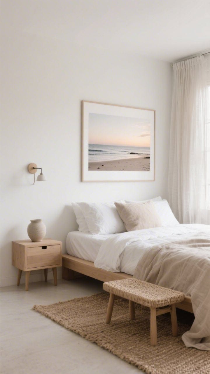 Photorealistic wide shot of a small serene bedroom styled like a quiet shoreline at dawn: soft warm white walls, low-profile light oak platform bed with white and oatmeal linen bedding, narrow single-drawer nightstand, wall-mounted sconce above it to free surface, petite woven bench at foot of bed, large simple framed beach photograph with wide white mat above headboard, textured jute rug, stoneware bedside lamp, gauzy floor-skimming linen curtains; palette of whites, oatmeals, pale taupes, matte ceramics; gentle morning natural light, uncluttered minimal composition