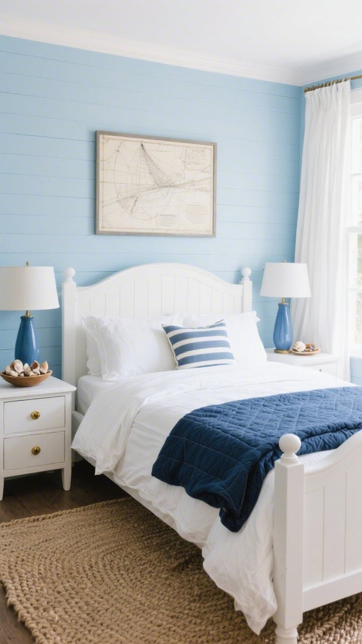 Photorealistic wide shot of Cape Cod classic in blue and white: soft powder blue accent wall behind a white panel bed, white percale sheets, navy quilt folded at the foot, striped lumbar pillow, shaker-style nightstands with brass knobs, slim blue ceramic lamp, small dresser topped with a bowl of collected shells, framed vintage nautical charts on wall, crisp white drapes elongating the window, braided jute rug; tidy, timeless feel with bright coastal daylight