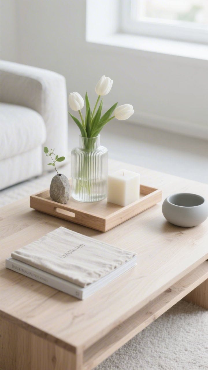 Photorealistic wide shot, overhead/diagonal: a pale oak tray with squared edges on a Nordic-style coffee table in a light-filled room. Inside the tray, a ribbed glass vase with white tulips, a small stone bud vase, a soft ivory cube candle adding sculptural form, a linen-covered design book, and a matte ceramic catchall in dove gray. Palette of soft oak, white, gray, misty green; clean, airy daylight; uncluttered, calm composition.