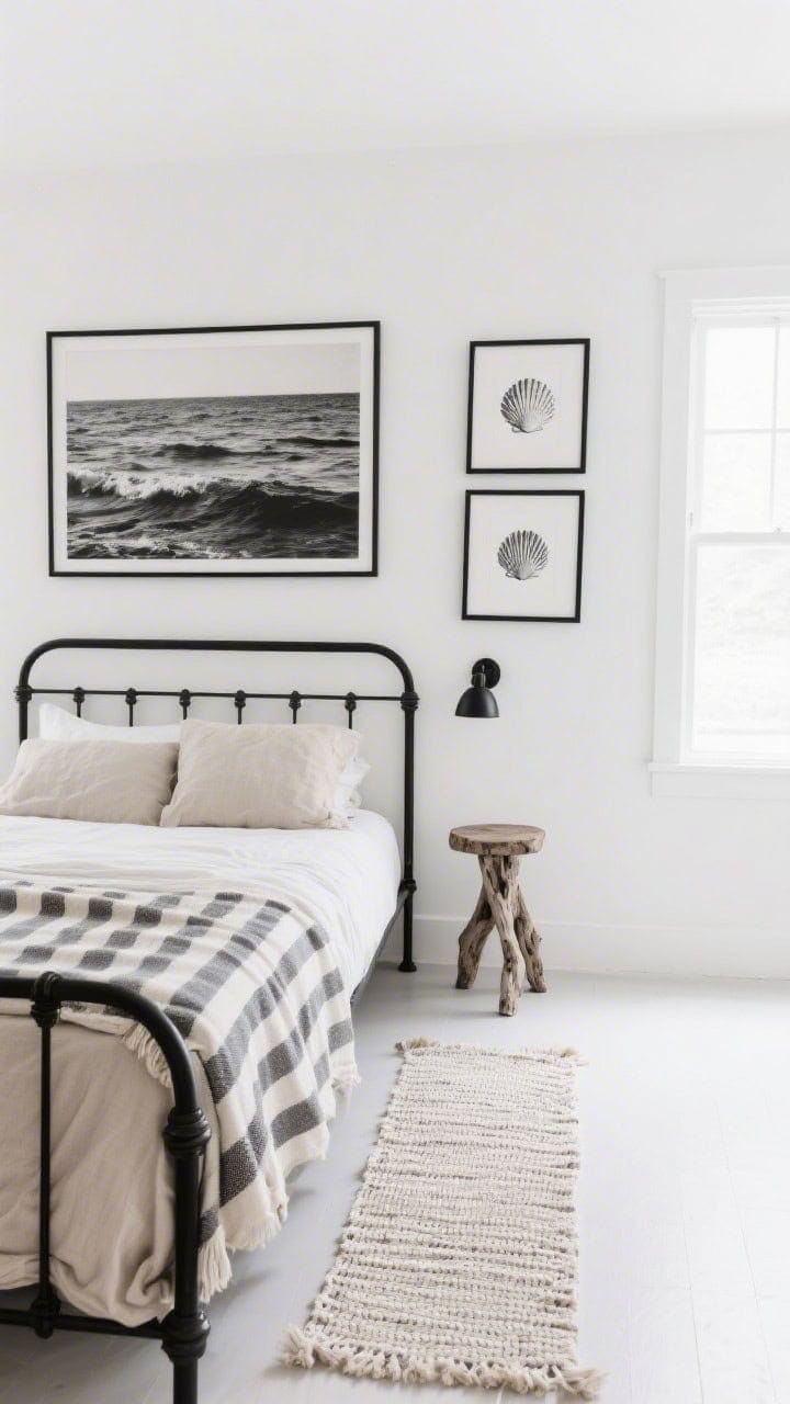 Photorealistic wide, straight-on shot of a black-and-white coastal graphic room: bright white walls, slim black metal bed frame with oatmeal linen bedding and a salt-and-pepper striped throw, thin black picture frames with monochrome shell sketches, oversized black-and-white ocean photograph as focal point, black reading sconce, driftwood stool used as side table, bleached woven runner on light floor; strong contrast, clean lines, soft window light to keep minimal but bold