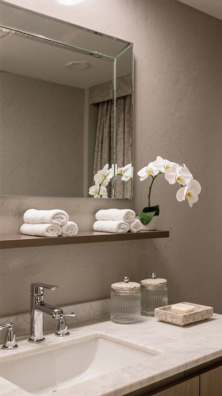 Straight-on medium shot, luxe hotel vibe: monochrome taupe walls and textiles throughout, frameless beveled mirror centered, polished chrome faucet and hardware gleaming; open shelf with neatly stacked rolled towels, glass canister trio, coordinated stone soap dish set; a single white orchid adds elegance; even, crisp hotel-style lighting.