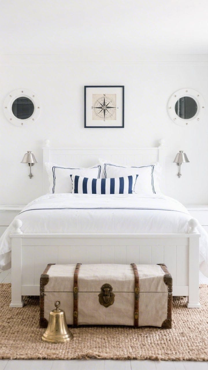 Straight-on medium shot of refined nautical simplicity: painted white wood bed with white bedding featuring crisp navy piping and a navy ticking-stripe bolster; trunk-inspired canvas bench at the foot; polished nickel sconces like small portholes on either side; sisal runner on the floor; one brass ship bell or framed vintage compass as a careful, singular decor detail; bright, shipshape.