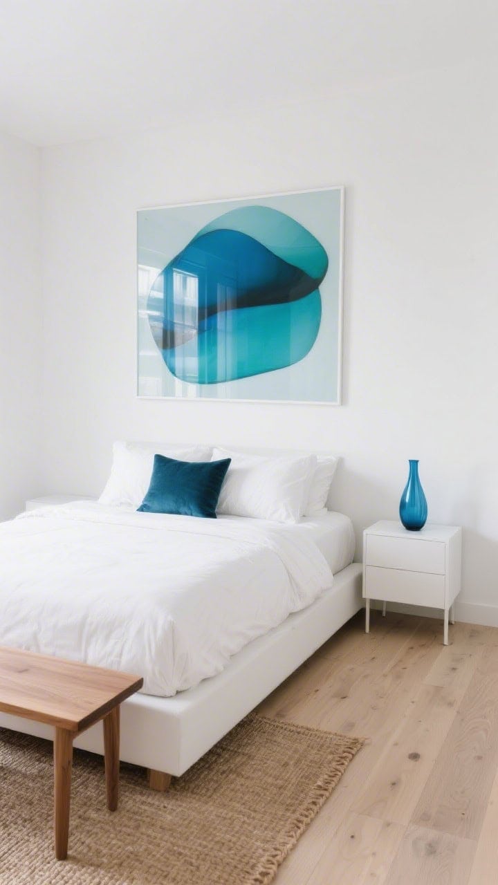 Straight-on wide minimal gallery bedroom: white walls, pale oak floors, simple platform bed with crisp white bedding; one oversized abstract artwork above the bed in glassy blues and teal; small lumbar pillow echoing the tones; thin-edged blue glass vase on the nightstand; clean-lined white oak bench and a thin jute rug; restrained styling with soft natural light making the colors glow.